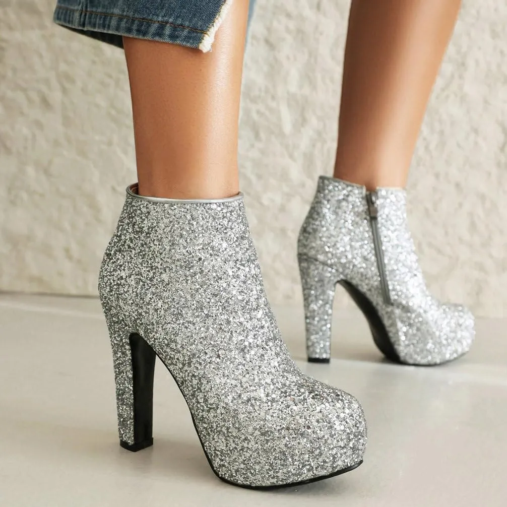 KOKOMOMO Sequin Sparkly Platform Ankle Boots Chunky High Heel Zip Up Booties Wedding Party Dress Glitter Shoes