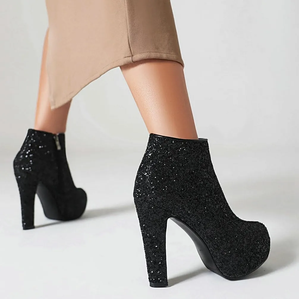 KOKOMOMO Sequin Sparkly Platform Ankle Boots Chunky High Heel Zip Up Booties Wedding Party Dress Glitter Shoes