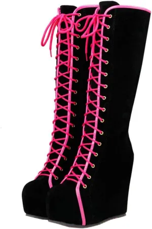 KOKOMOMO Womens Platform Wedge High Heels Mid Calf Length Lace Up Boots