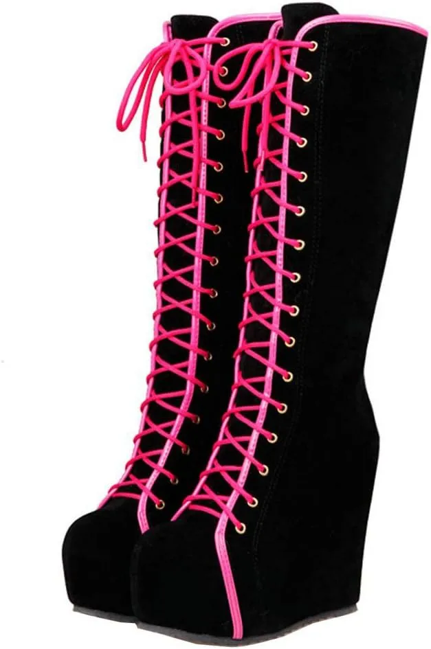 KOKOMOMO Womens Platform Wedge High Heels Mid Calf Length Lace Up Boots