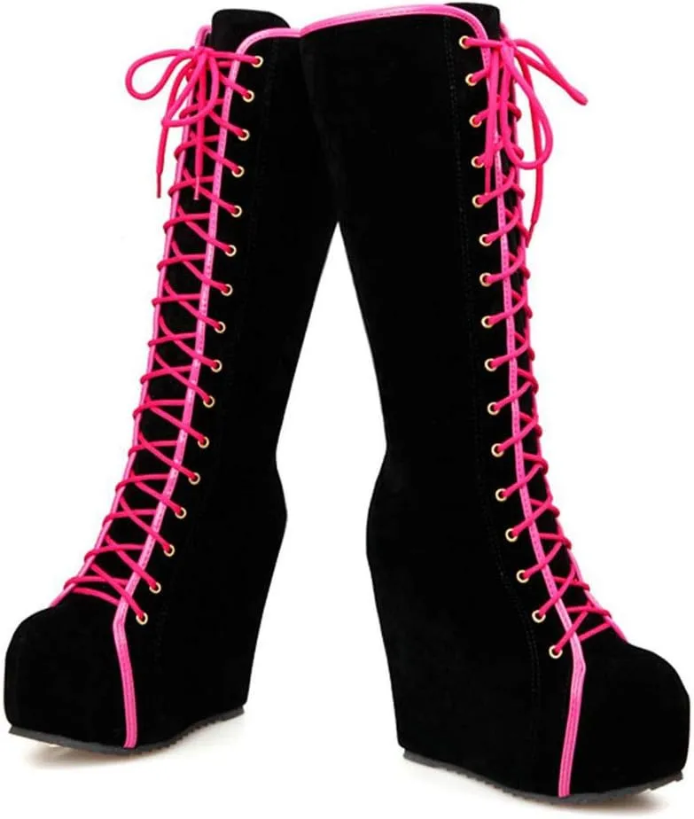 KOKOMOMO Womens Platform Wedge High Heels Mid Calf Length Lace Up Boots