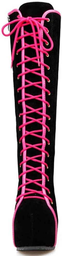 KOKOMOMO Womens Platform Wedge High Heels Mid Calf Length Lace Up Boots