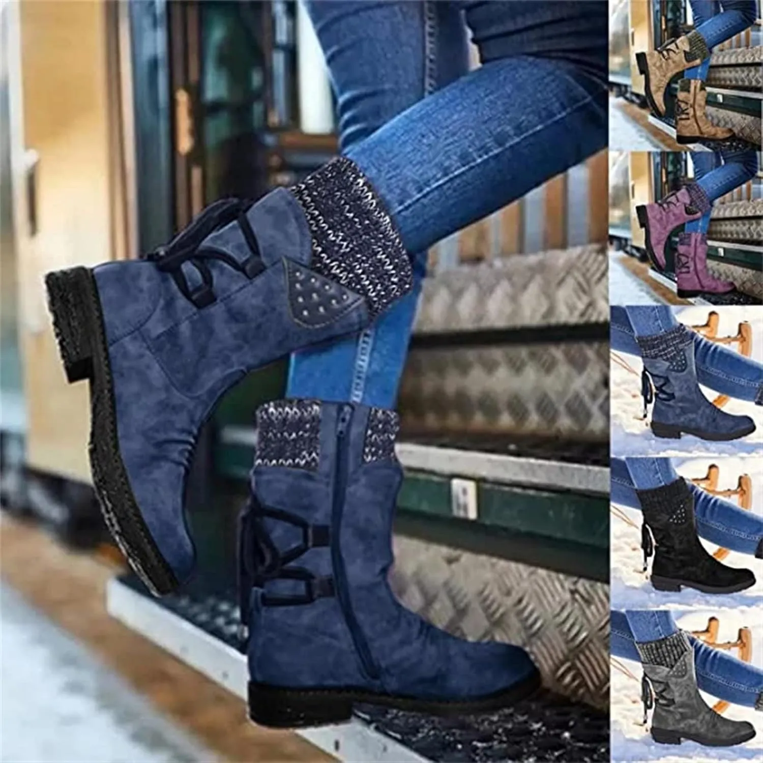 Ladmiple Boots For Women 2024 Low Heel Combat Boots Side Zipper Mid Calf Motorcycle Riding Military Biker Boots Ankle Booties