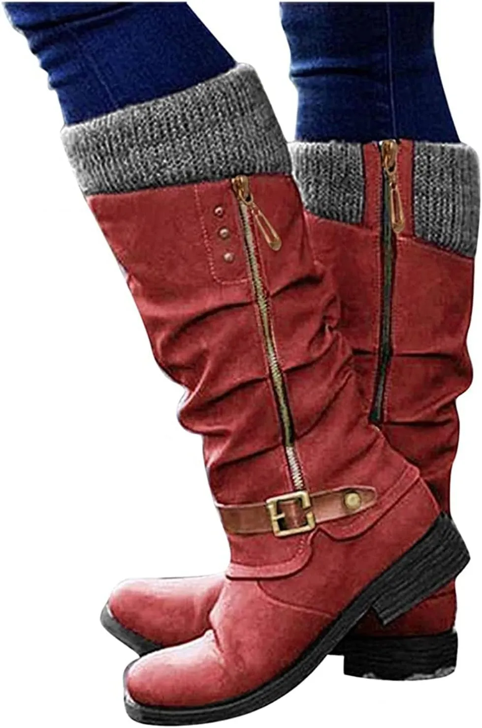 Ladmiple Boots For Women 2024 Low Heel Mid Calf Dress Biker Boots Side Zipper Motorcycle Combat Riding Military Ankle Booties