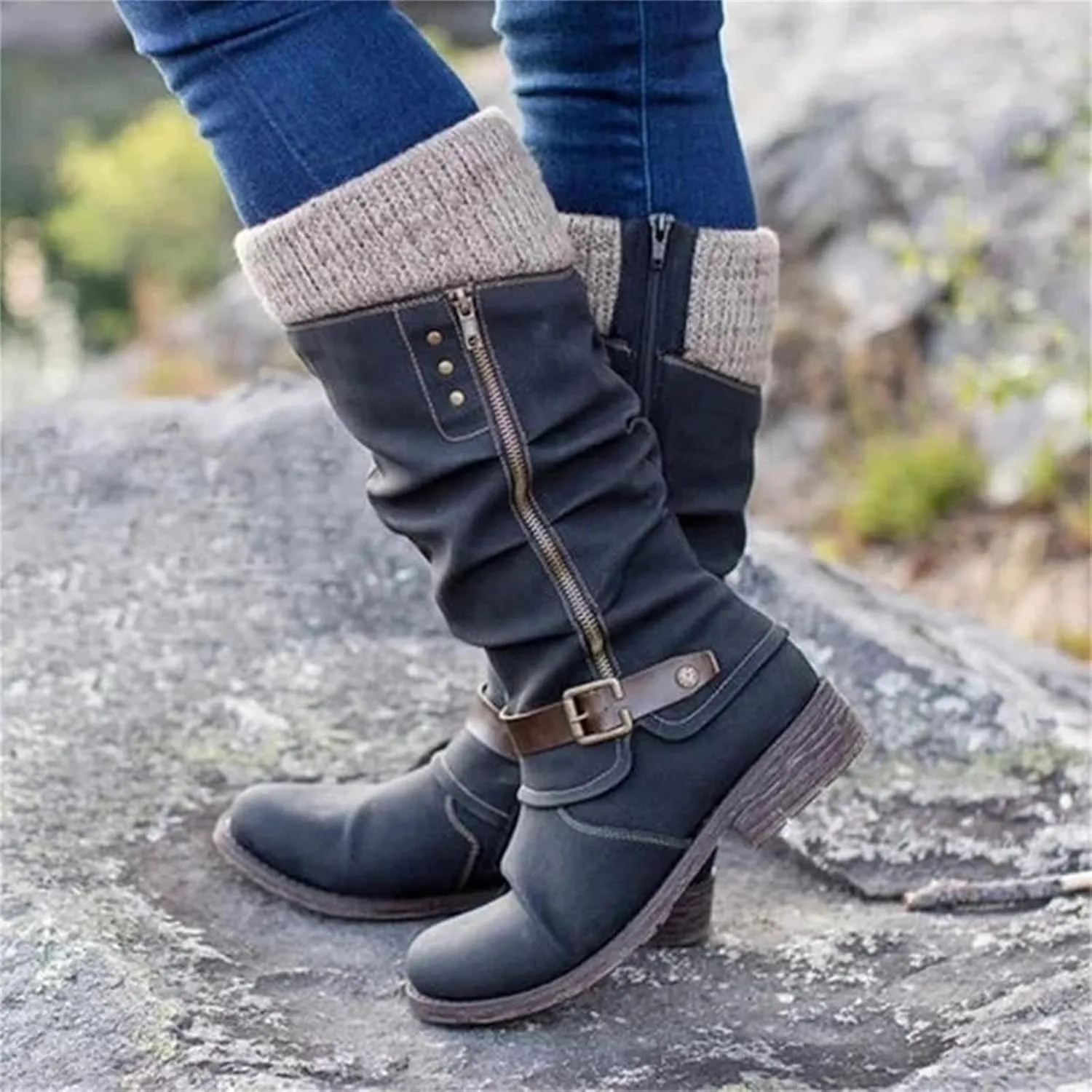 Ladmiple Cowboy Boots For Women Knee High Wide Calf Cowgirl Boots Mid Heel Retro Fashion Tall Boot Pull On for Ladies
