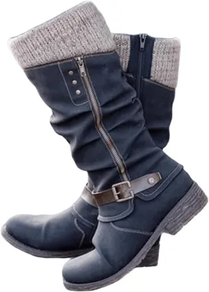 Ladmiple Cowboy Boots For Women Knee High Wide Calf Cowgirl Boots Mid Heel Retro Fashion Tall Boot Pull On for Ladies