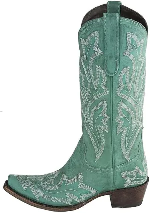 Ladmiple Cowboy Boots For Women Knee High Wide Calf Embroidered Western Boots Chunky Heel Fashion Classic Boot Pull-On