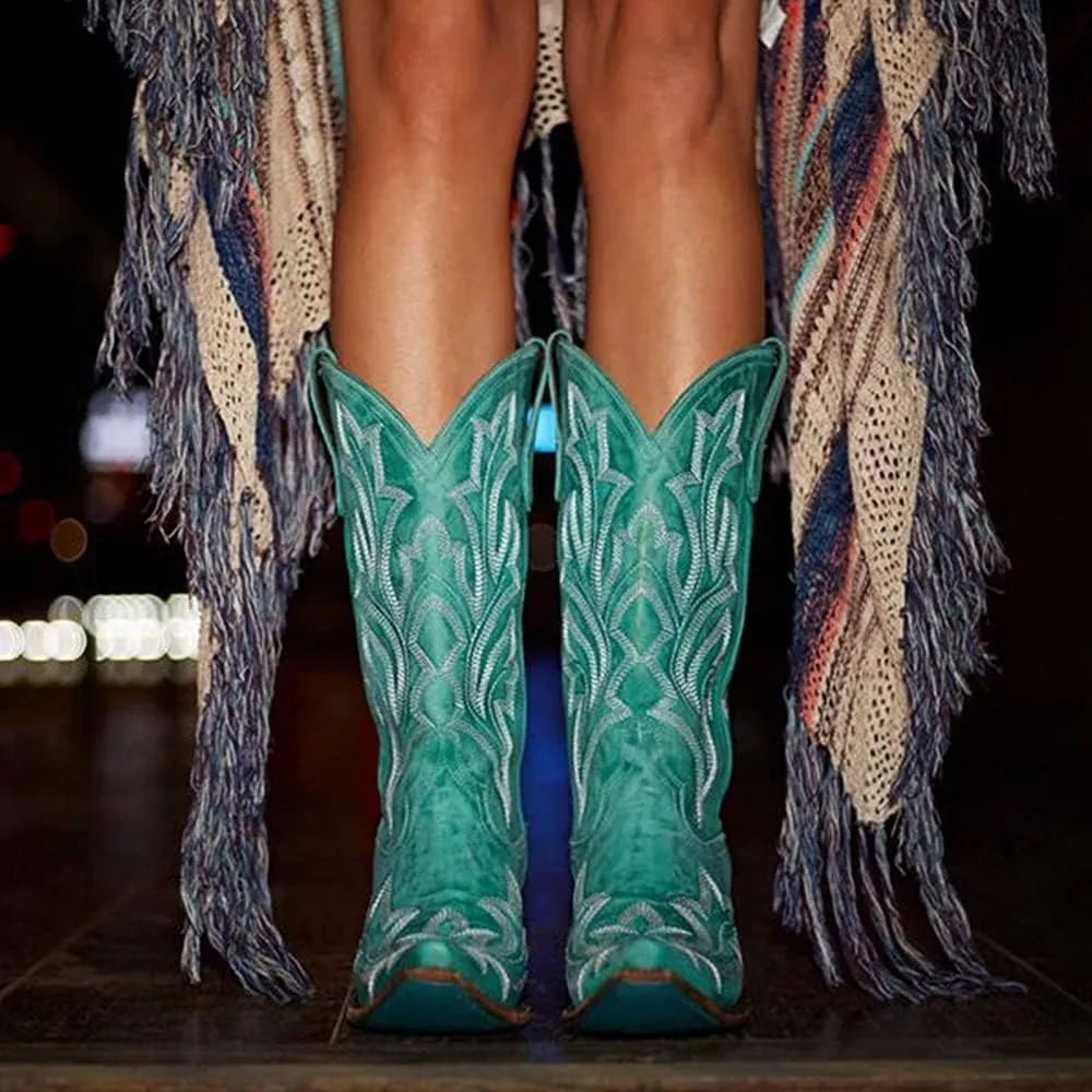 Ladmiple Cowboy Boots For Women Knee High Wide Calf Embroidered Western Boots Chunky Heel Fashion Classic Boot Pull-On