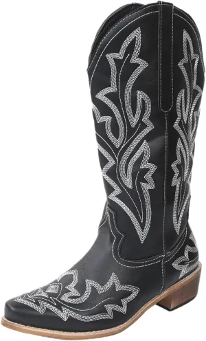 Ladmiple Cowboy Boots For Women Knee High Wide Calf Embroidered Western Boots Chunky Heel Fashion Classic Boot Pull-On