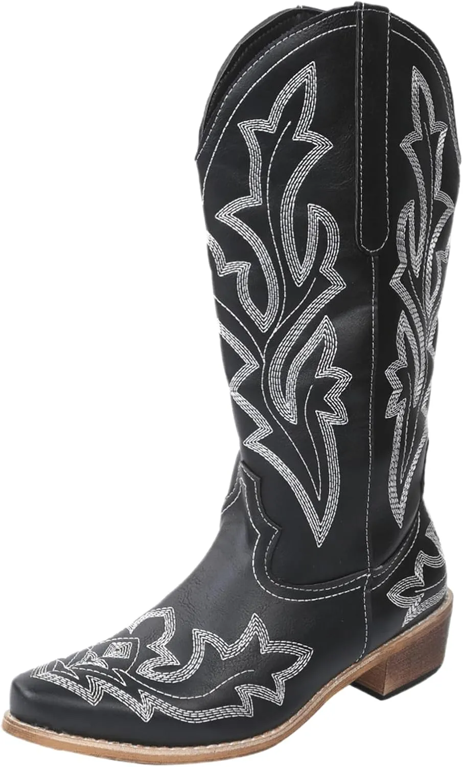 Ladmiple Cowboy Boots For Women Knee High Wide Calf Embroidered Western Boots Chunky Heel Fashion Classic Boot Pull-On