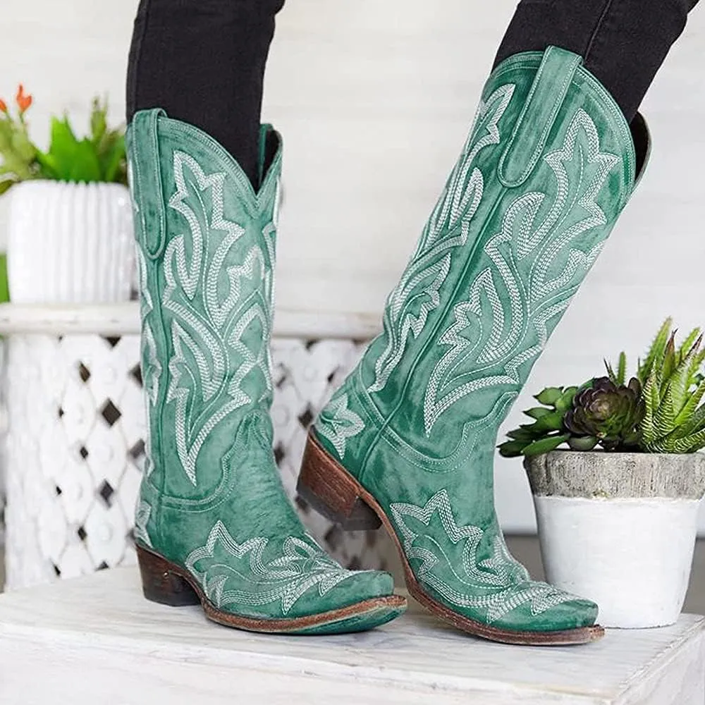 Ladmiple Cowboy Boots For Women Knee High Wide Calf Embroidered Western Boots Chunky Heel Fashion Classic Boot Pull-On