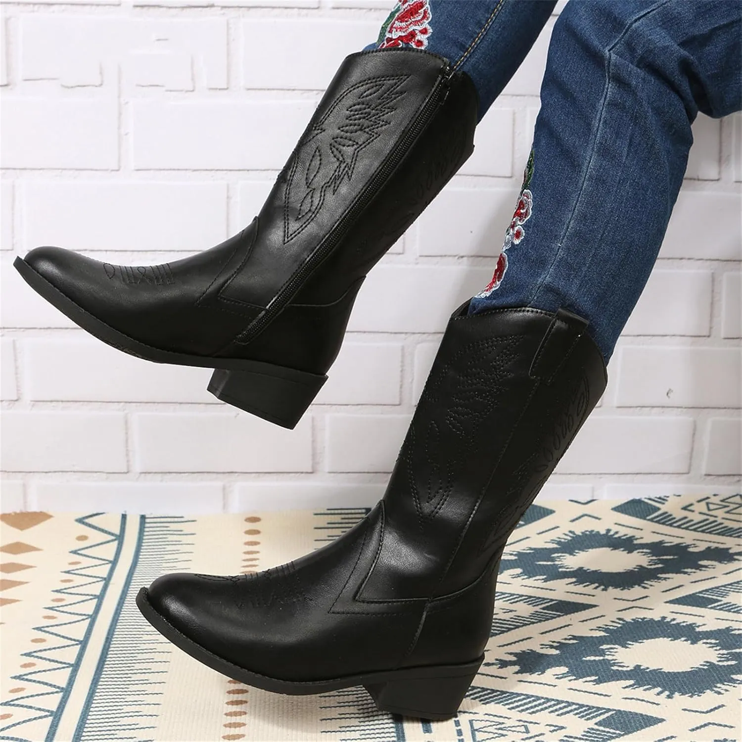 Ladmiple Cowboy Boots For Women Mid Calf Wide Width Wide Calf Knee High Cowgirl Boots Embroidery Fashion Boot Pull On