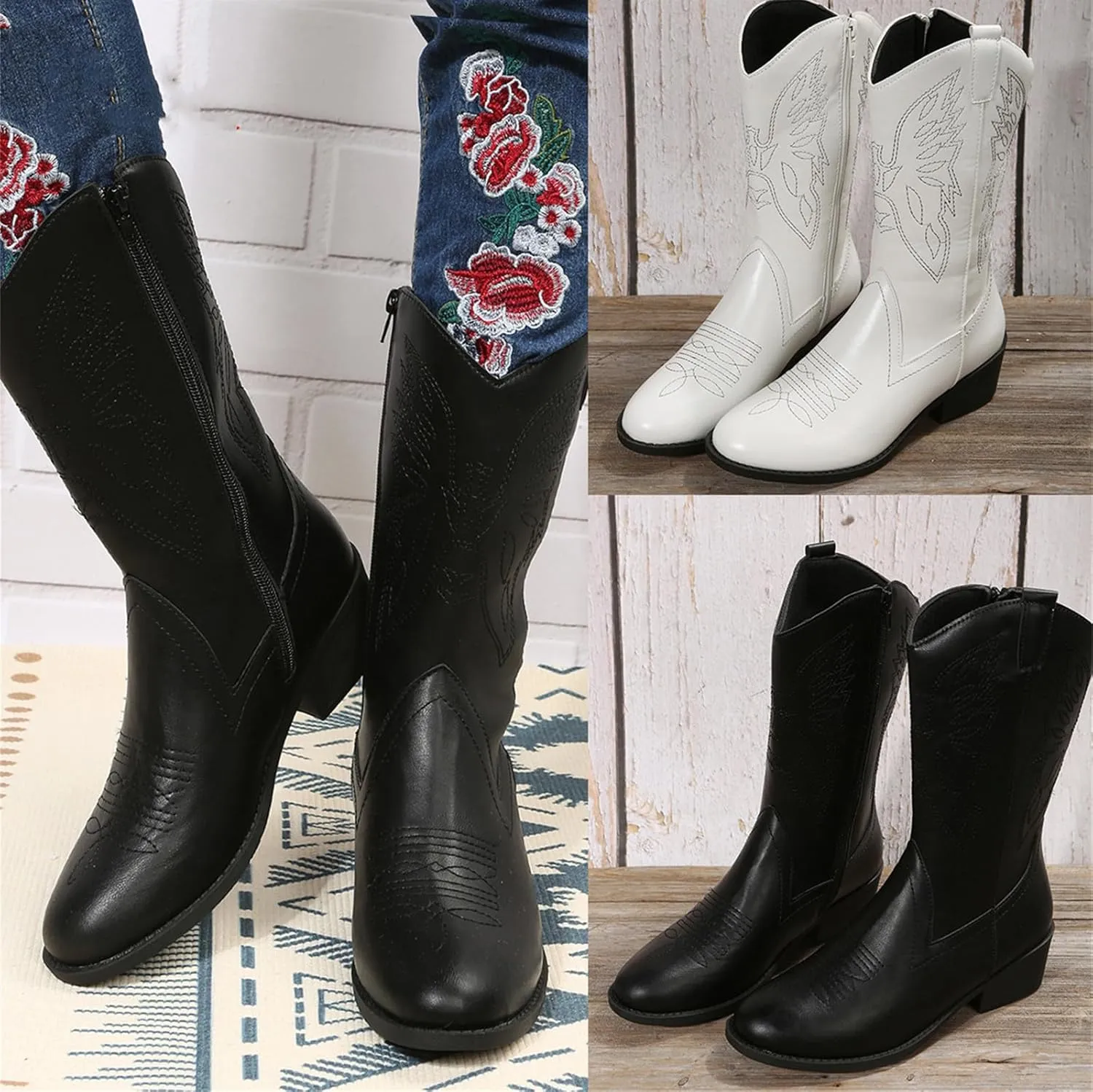 Ladmiple Cowboy Boots For Women Mid Calf Wide Width Wide Calf Knee High Cowgirl Boots Embroidery Fashion Boot Pull On