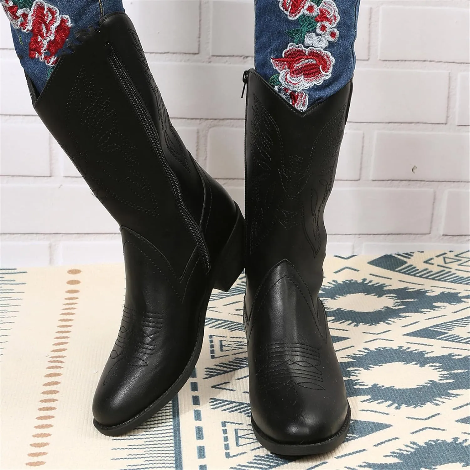 Ladmiple Cowboy Boots For Women Mid Calf Wide Width Wide Calf Knee High Cowgirl Boots Embroidery Fashion Boot Pull On