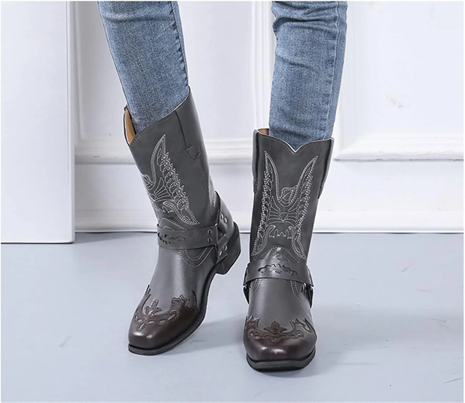 Lausiuoe Boots For Women Low Heel Sexy Cowboy Boots Western Cowgirl Fashion Knee High Embroidered Chunky Heel Booties