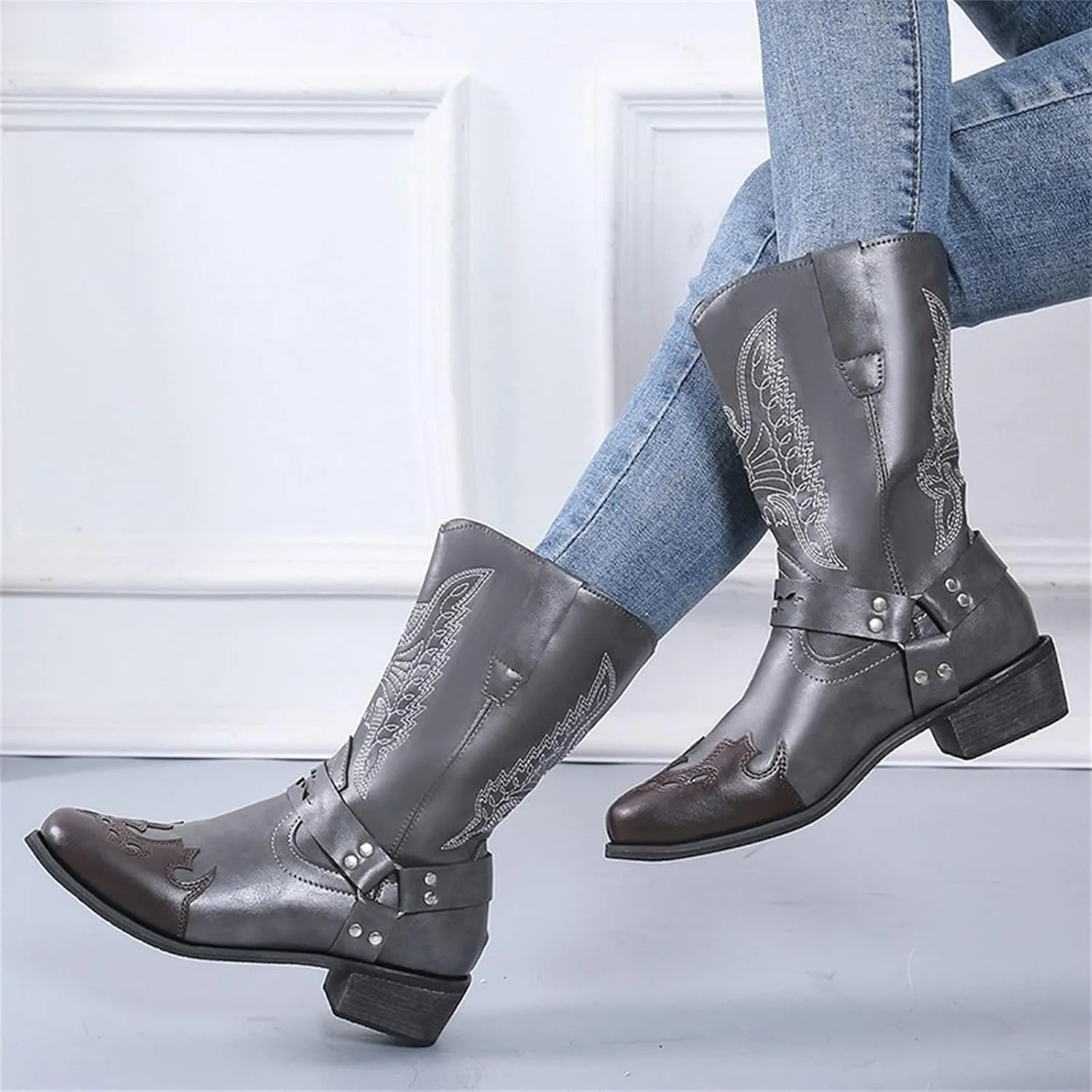 Lausiuoe Boots For Women Low Heel Sexy Cowboy Boots Western Cowgirl Fashion Knee High Embroidered Chunky Heel Booties