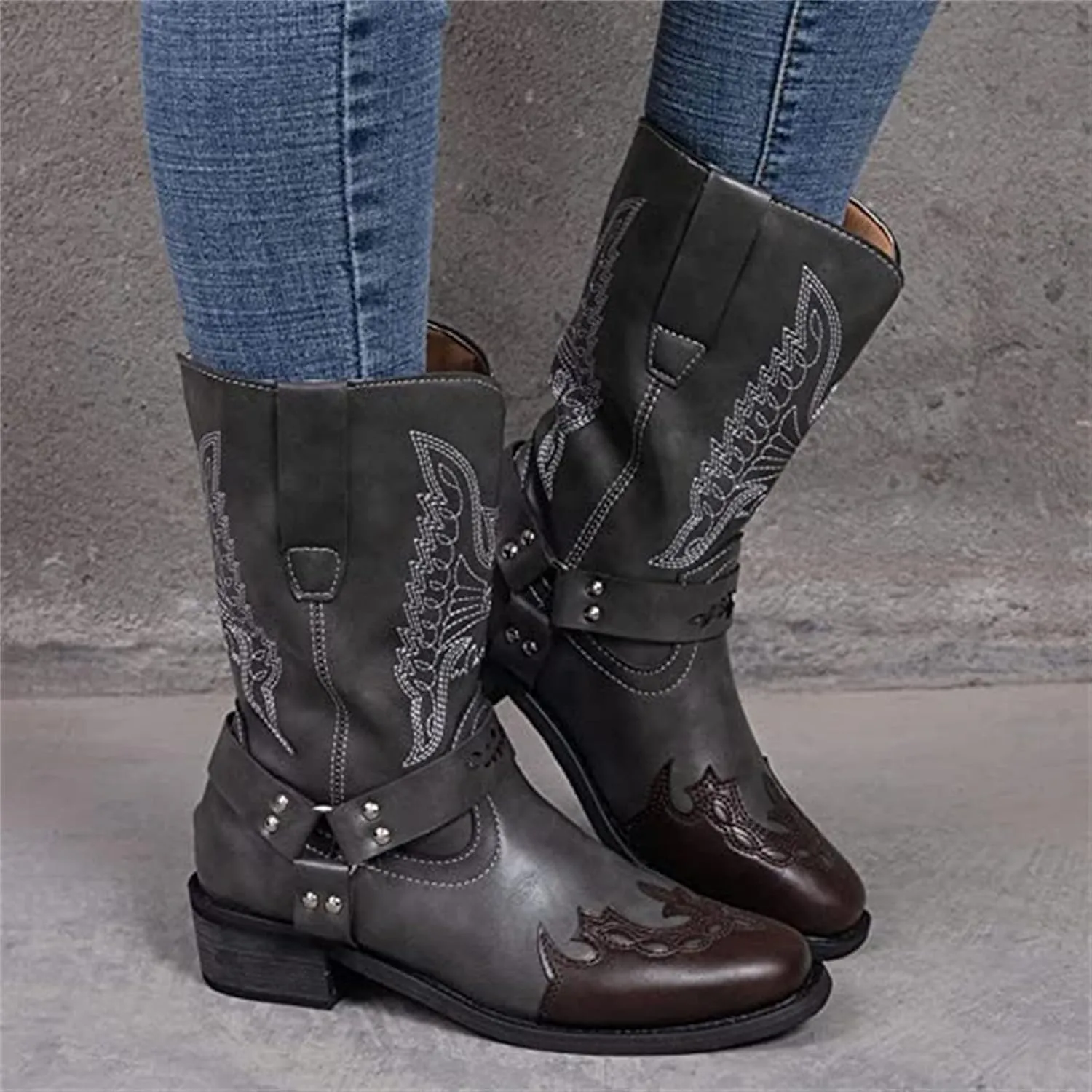 Lausiuoe Boots For Women Low Heel Sexy Cowboy Boots Western Cowgirl Fashion Knee High Embroidered Chunky Heel Booties