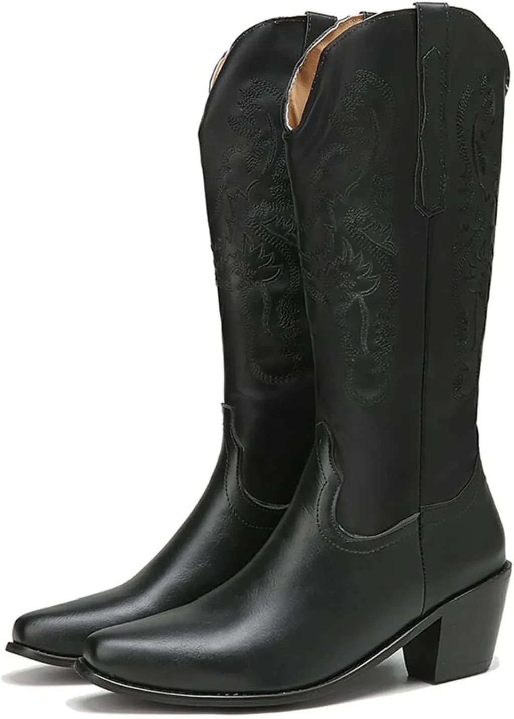Lausiuoe Cowboy Boots For Women Wide Calf Wide Foot Embroidered Pull-On Chunky Heel Cowgirl Knee High Western Boots