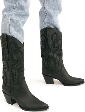Lausiuoe Cowboy Boots For Women Wide Calf Wide Foot Embroidered Pull-On Chunky Heel Cowgirl Knee High Western Boots