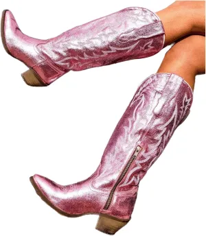 Lausiuoe Cowboy Boots For Women Wide Calf Wide Foot Embroidered Western Knee High Chunky Heel Cowgirl Style Boot Pull-On