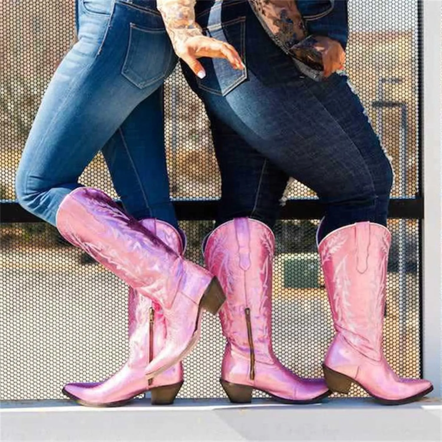 Lausiuoe Cowboy Boots For Women Wide Calf Wide Foot Embroidered Western Knee High Chunky Heel Cowgirl Style Boot Pull-On