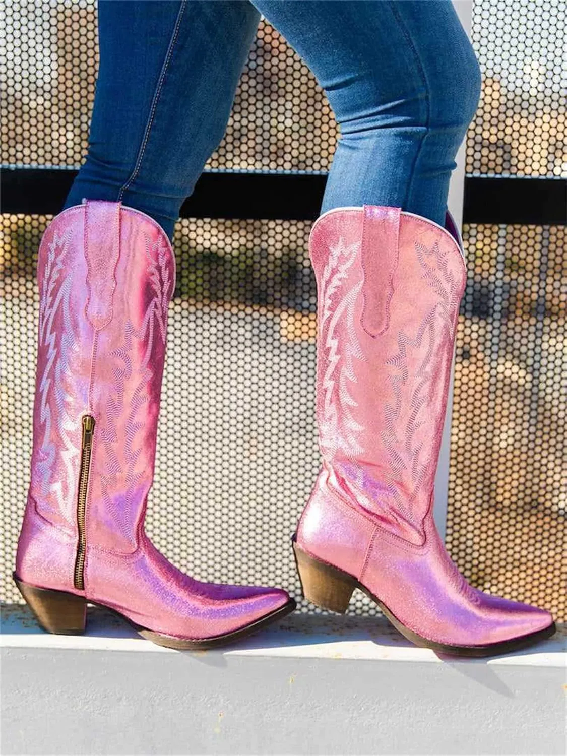 Lausiuoe Cowboy Boots For Women Wide Calf Wide Foot Embroidered Western Knee High Chunky Heel Cowgirl Style Boot Pull-On