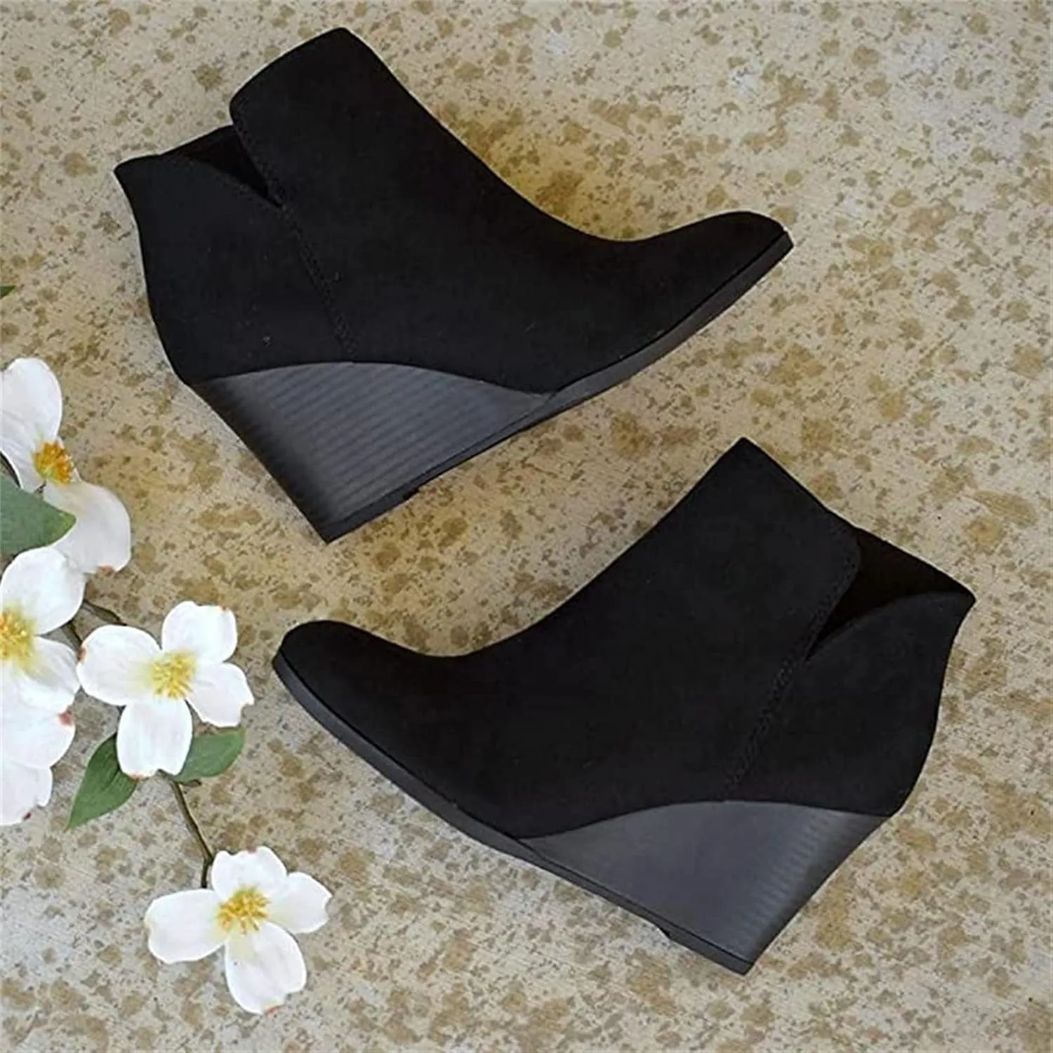 Lausiuoe Wedge Booties For Women Closed Toe Platform Ankle Booties Slip on Casual Dressy Fashion Heeled Western Fall Boots