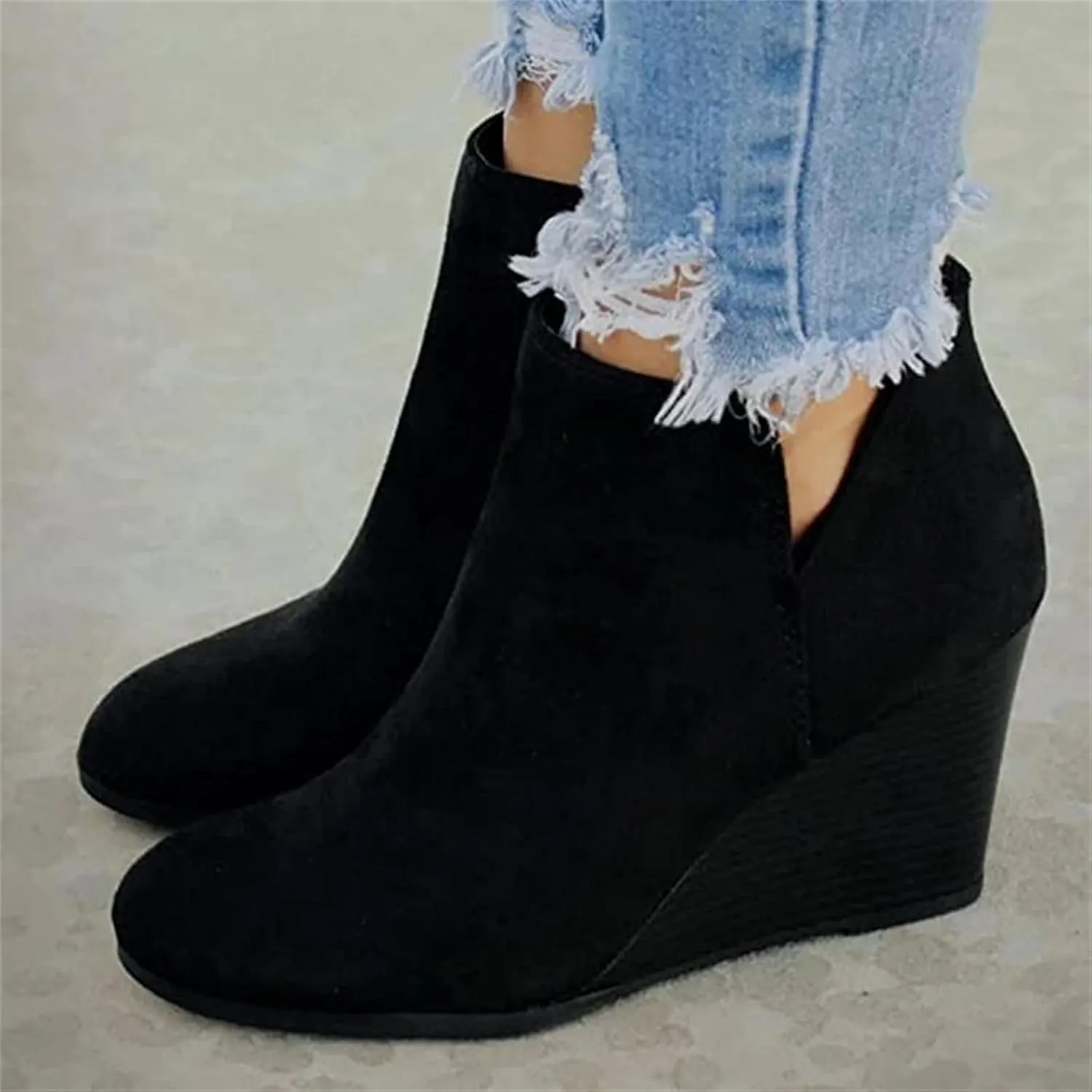 Lausiuoe Wedge Booties For Women Closed Toe Platform Ankle Booties Slip on Casual Dressy Fashion Heeled Western Fall Boots