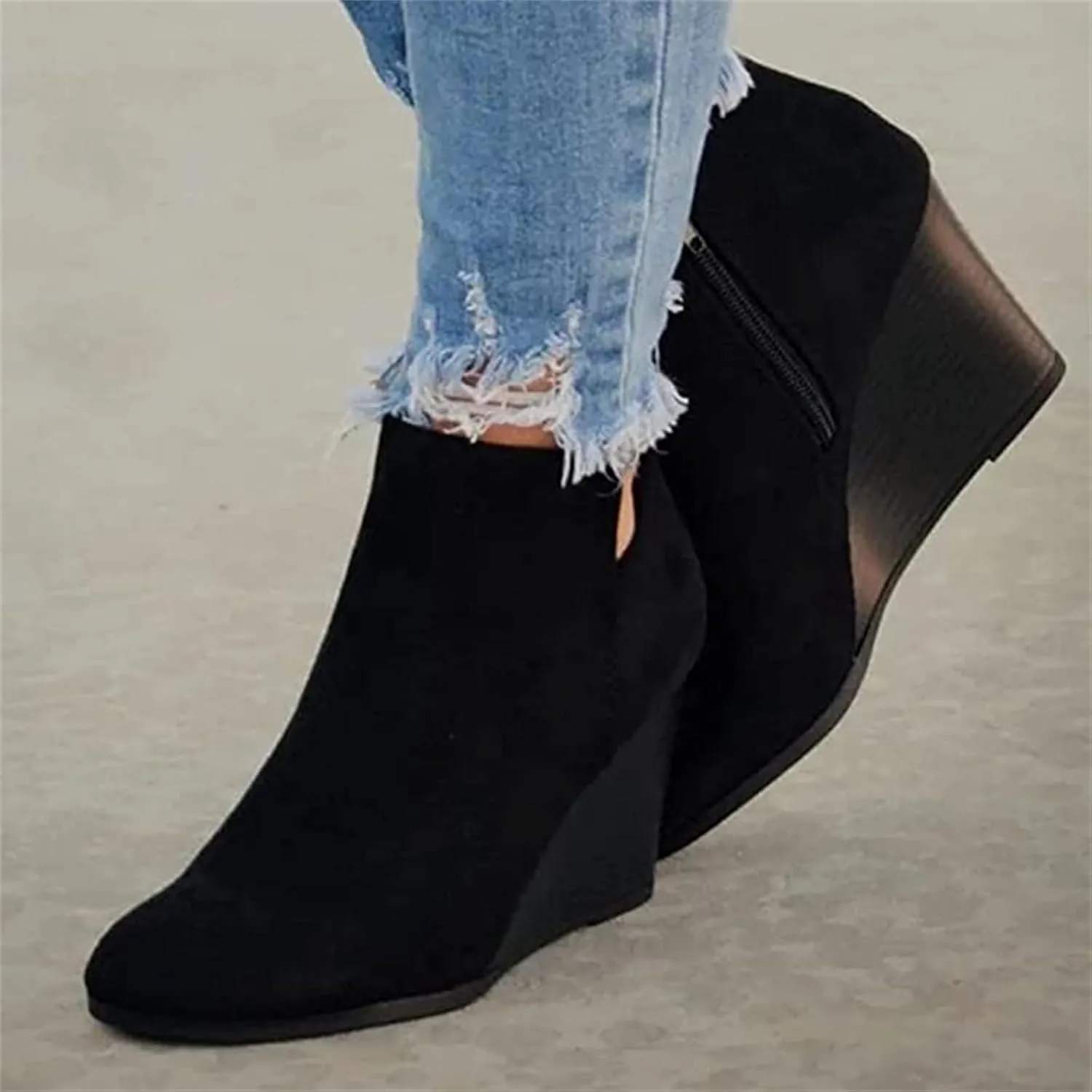 Lausiuoe Wedge Booties For Women Closed Toe Platform Ankle Booties Slip on Casual Dressy Fashion Heeled Western Fall Boots