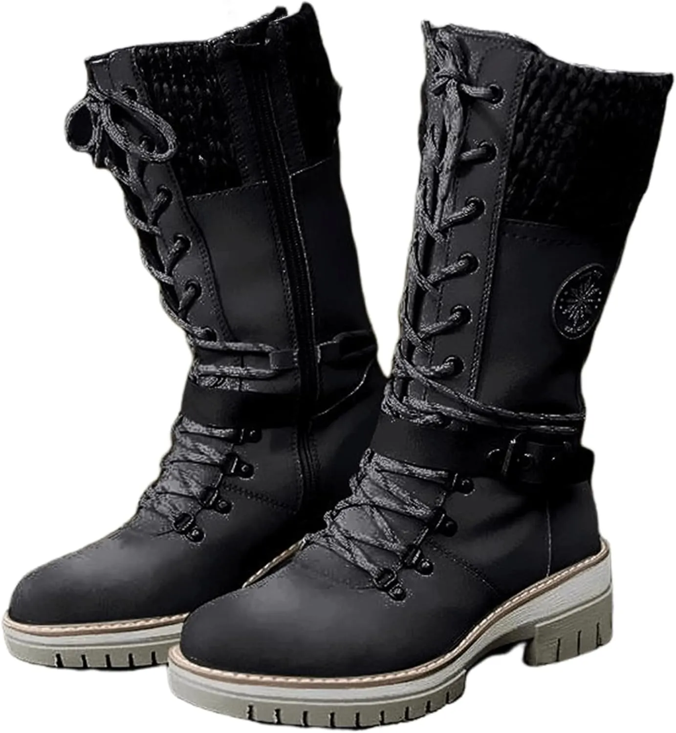 Lausiuoe Winter Boots For Women Fashion 2022 Platform Mid Calf Low Heel Round-Toe Side Zip Punk Lace Up Military Combat Boots