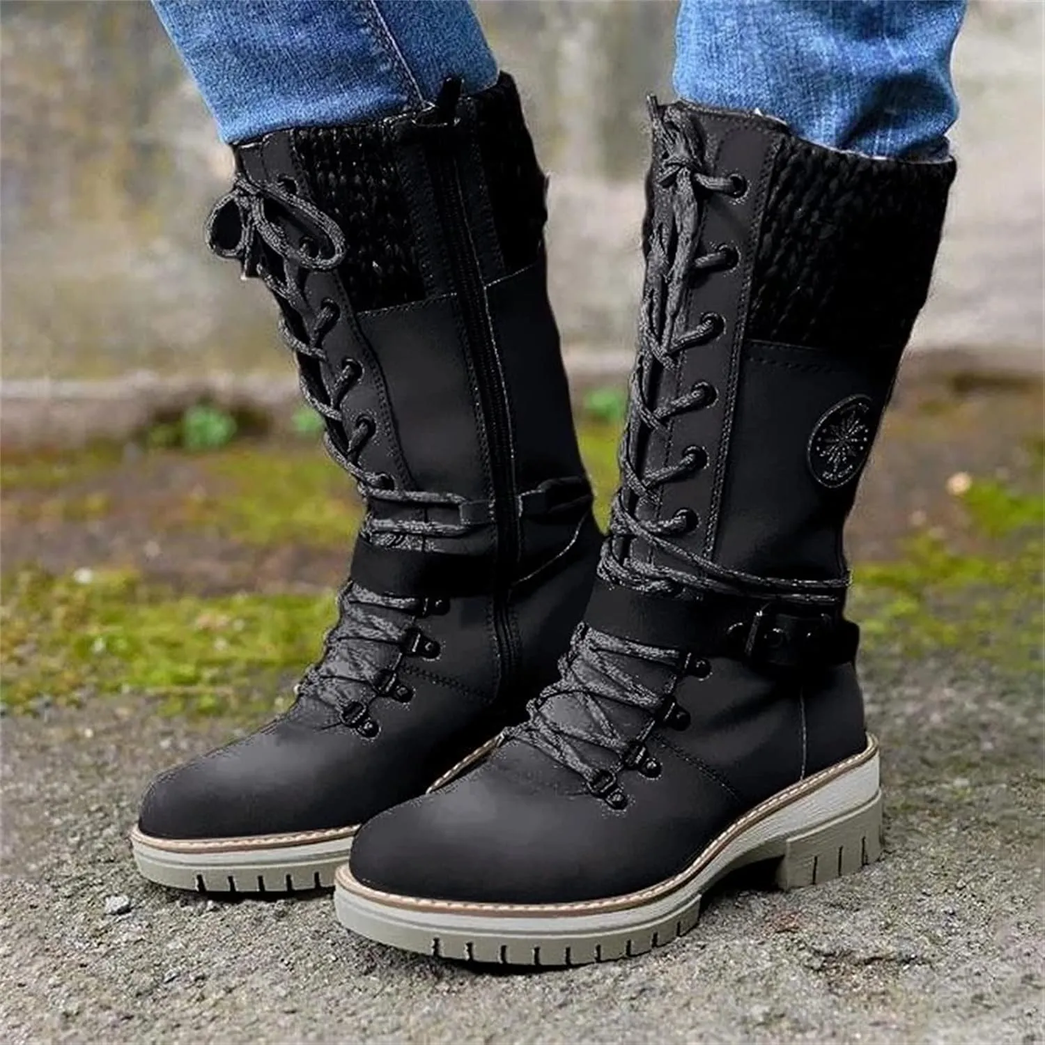 Lausiuoe Winter Boots For Women Fashion 2022 Platform Mid Calf Low Heel Round-Toe Side Zip Punk Lace Up Military Combat Boots