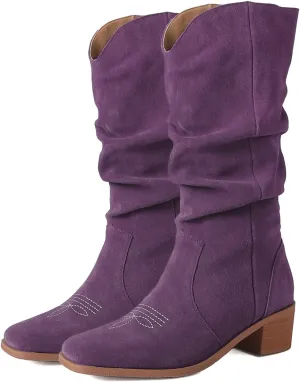 LEHOOR Vintage Chunky Stacked Heel Pleated Mid Calf Western Boots for Women Square Toe Embroidered Cowboy Cowgirl Boots Pull On Slouchy Knee High Boots Suede V Cut Comfort Retro Fall Winter 4-11 M US