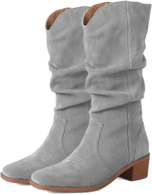 LEHOOR Vintage Chunky Stacked Heel Pleated Mid Calf Western Boots for Women Square Toe Embroidered Cowboy Cowgirl Boots Pull On Slouchy Knee High Boots Suede V Cut Comfort Retro Fall Winter 4-11 M US