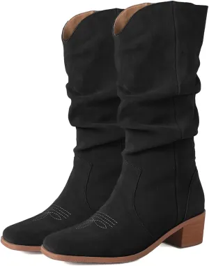 LEHOOR Vintage Chunky Stacked Heel Pleated Mid Calf Western Boots for Women Square Toe Embroidered Cowboy Cowgirl Boots Pull On Slouchy Knee High Boots Suede V Cut Comfort Retro Fall Winter 4-11 M US
