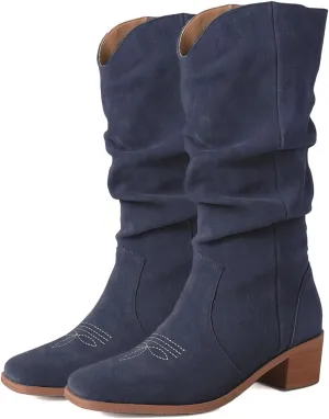 LEHOOR Vintage Chunky Stacked Heel Pleated Mid Calf Western Boots for Women Square Toe Embroidered Cowboy Cowgirl Boots Pull On Slouchy Knee High Boots Suede V Cut Comfort Retro Fall Winter 4-11 M US