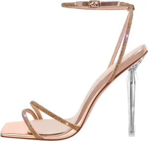 LISHAN Women's Square Toe Rhinestones Studded Sandals Ankle Buckle Clear High Heels