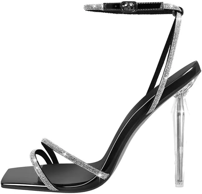 LISHAN Women's Square Toe Rhinestones Studded Sandals Ankle Buckle Clear High Heels