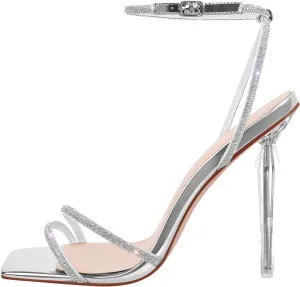 LISHAN Women's Square Toe Rhinestones Studded Sandals Ankle Buckle Clear High Heels