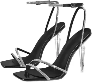 LISHAN Women's Square Toe Rhinestones Studded Sandals Ankle Buckle Clear High Heels
