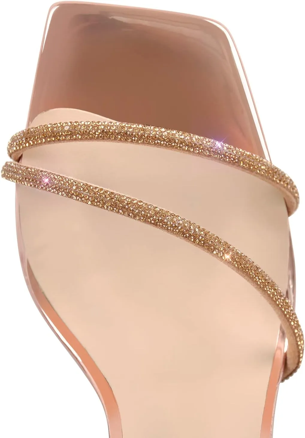 LISHAN Women's Square Toe Rhinestones Studded Sandals Ankle Buckle Clear High Heels