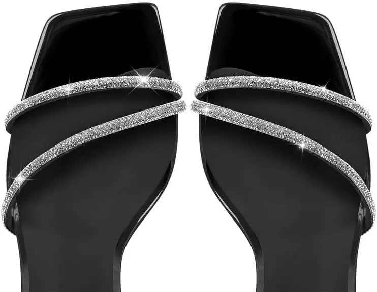 LISHAN Women's Square Toe Rhinestones Studded Sandals Ankle Buckle Clear High Heels