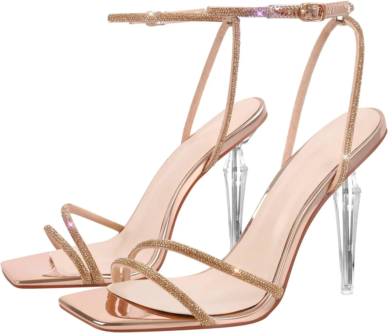 LISHAN Women's Square Toe Rhinestones Studded Sandals Ankle Buckle Clear High Heels
