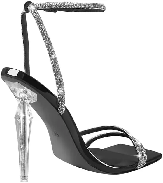 LISHAN Women's Square Toe Rhinestones Studded Sandals Ankle Buckle Clear High Heels