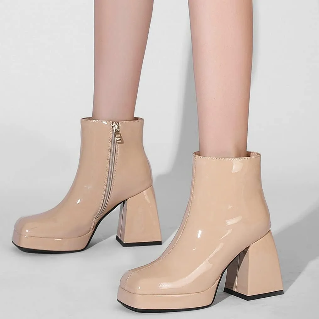 LUXMAX Women Patent Leather Gogo Boots Chunky Heeled Platform Ankle Boots