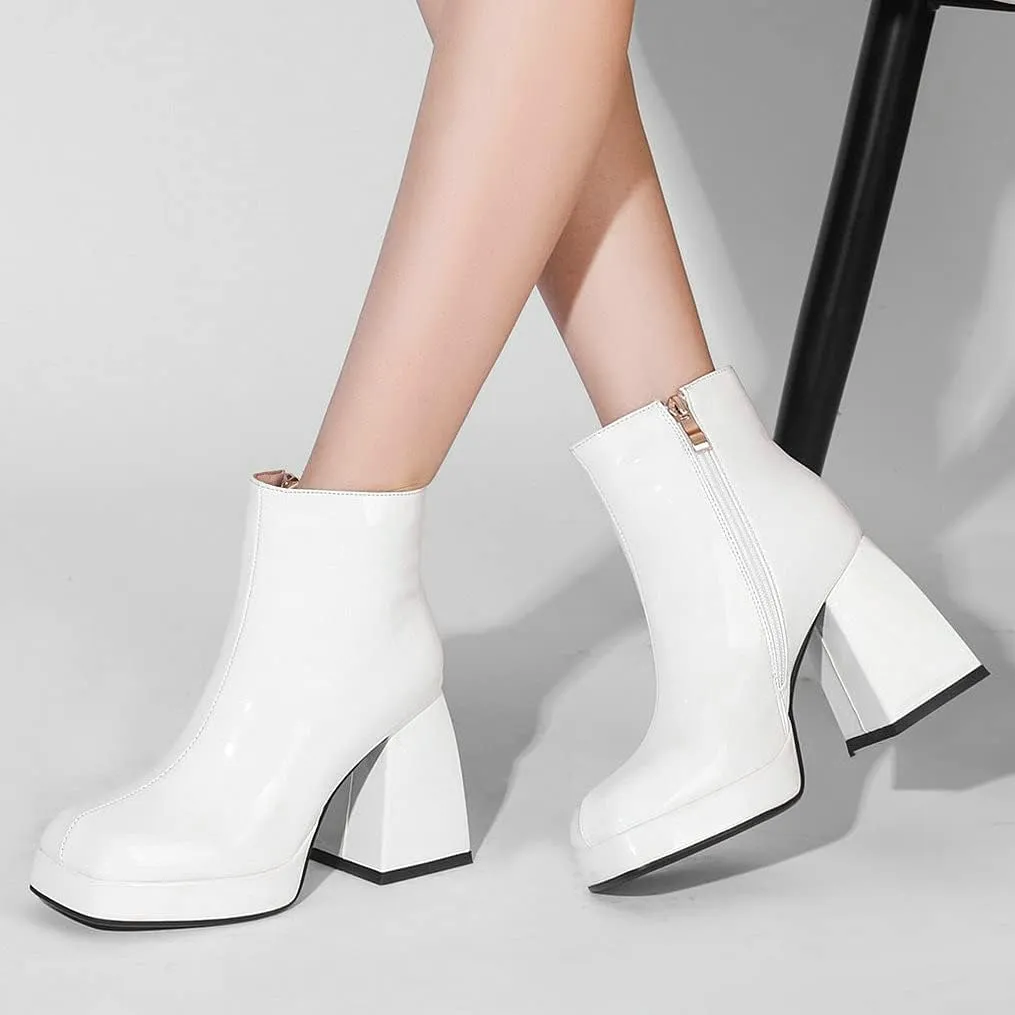 LUXMAX Women Patent Leather Gogo Boots Chunky Heeled Platform Ankle Boots