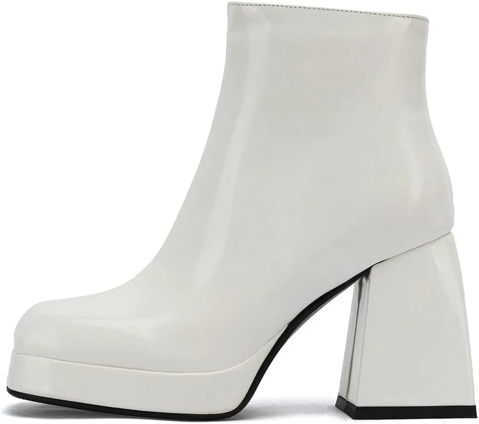 LUXMAX Women Patent Leather Gogo Boots Chunky Heeled Platform Ankle Boots