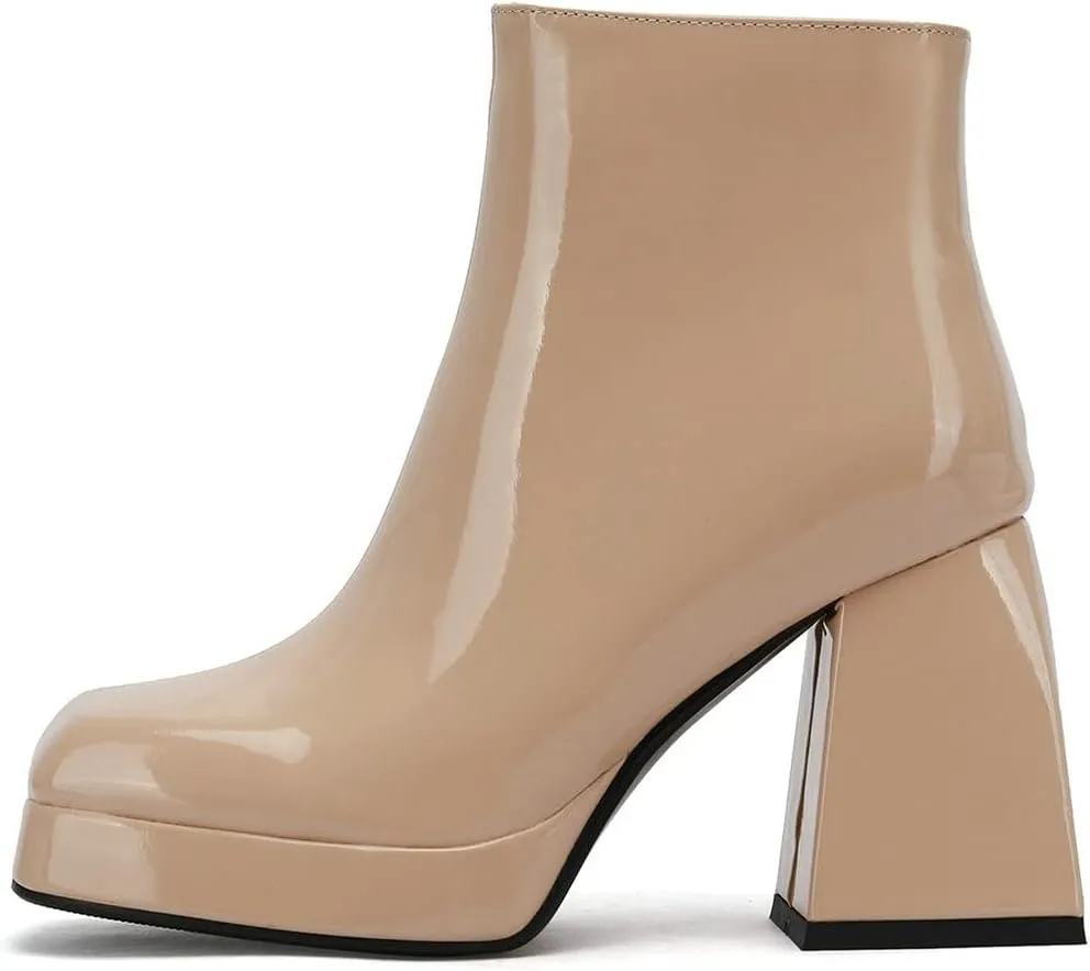 LUXMAX Women Patent Leather Gogo Boots Chunky Heeled Platform Ankle Boots