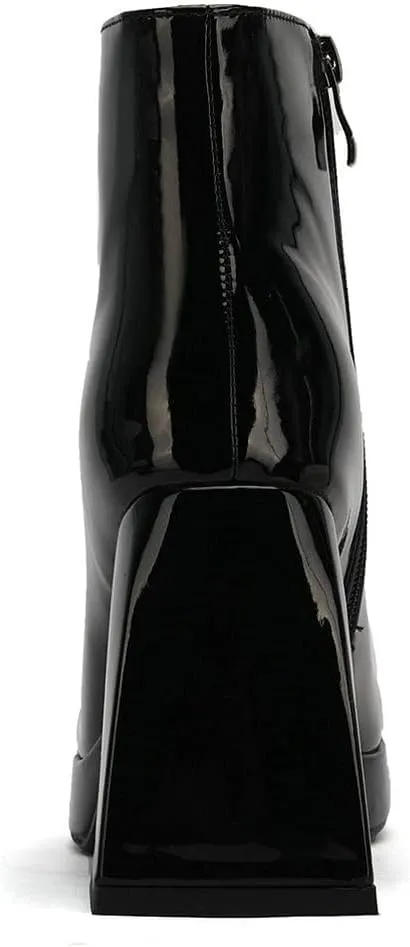 LUXMAX Women Patent Leather Gogo Boots Chunky Heeled Platform Ankle Boots