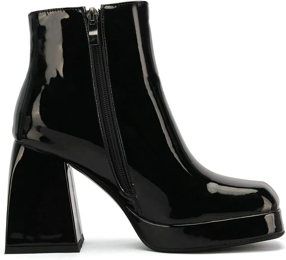 LUXMAX Women Patent Leather Gogo Boots Chunky Heeled Platform Ankle Boots