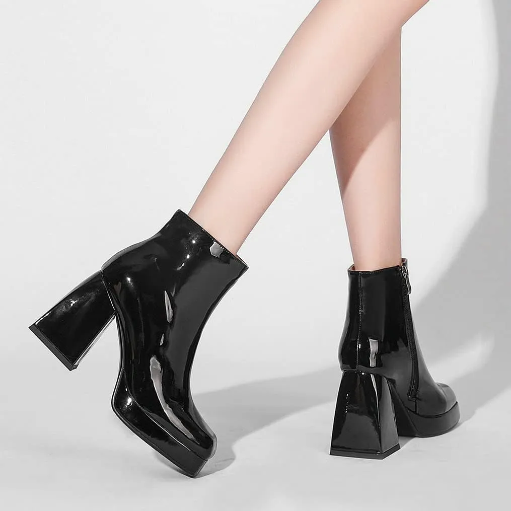 LUXMAX Women Patent Leather Gogo Boots Chunky Heeled Platform Ankle Boots
